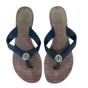 TORY BURCH THORA WOMENS BROWN WITH BLACK LEATHER FLIP FLOP MEDALLION SANDALS 8.5